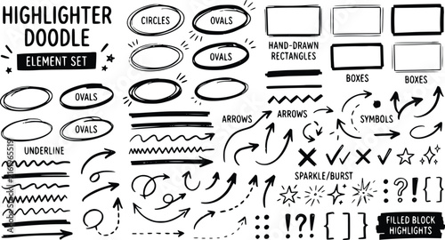 Highlighter doodle element set with hand-drawn rectangles and circles. Black ink marker strokes, arrows, and symbols. Vector sketch collection.
