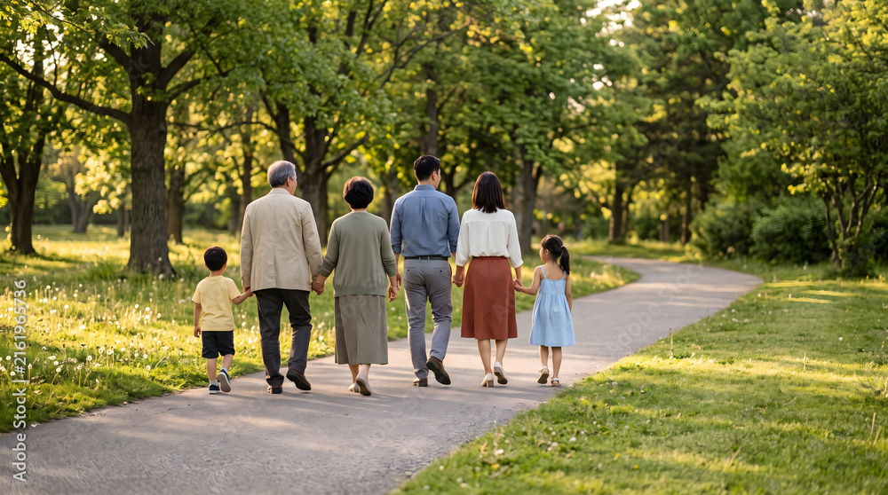 Fototapeta premium Multigenerational Family Walking Together Through Green Park