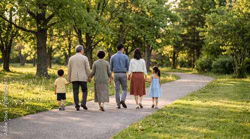 Multigenerational Family Walking Together Through Green Park