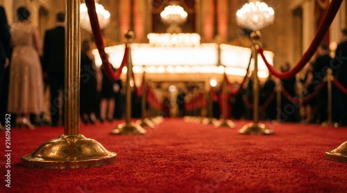 Elegant Red Carpet Event with Velvet Rope Barriers and Chandelier Lighting