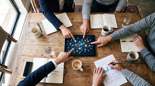 Business team pointing at digital network on tablet screen, collaborative meeting around wooden table, strategic planning session, coffee cups and notebooks, corporate teamwork