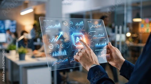 Person holding transparent hologram interface displaying AI chip and data analytics, futuristic technology, augmented reality screen with graphs and charts, business innovation