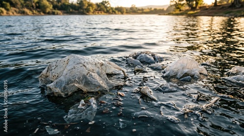 Plastic bags and waste floating on lake surface, environmental pollution crisis, ecological damage, global warming impact, nature conservation awareness, dirty river water