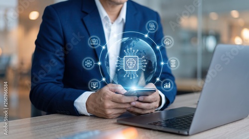 Businessman using smartphone with artificial intelligence brain chip hologram, global network connection icons surrounding earth, digital transformation strategy for corporate
