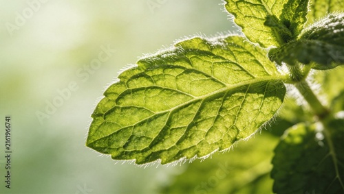Macro backlit view of fresh green mint leaf showing detailed vein structure and tiny hairs with soft bokeh. Ideal for nature detail and freshness themes.