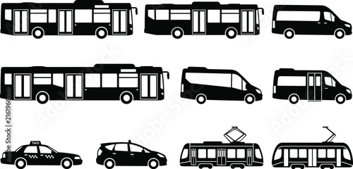Public Transport Vehicle Silhouette Icons Set with Bus Van Taxi Tram and Urban Transit