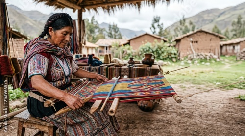 Indigenous woman weaving traditional textile on a loom in a rural village