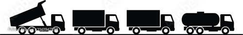 Commercial heavy vehicle silhouettes set featuring hydraulic dump truck cargo delivery vans and industrial fuel tanker