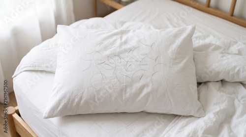 White linen pillow with subtle embroidery pattern resting on unmade bed with wooden frame, cozy bedroom interior design, minimalist home decor, soft natural fabric texture
