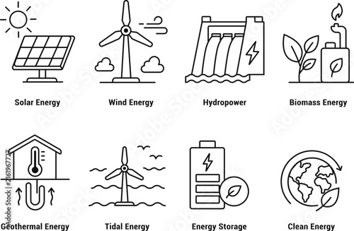 Obraz na płótnie Renewable Energy Icons Set Vector Illustration, Solar Wind Hydropower Biomass Ge