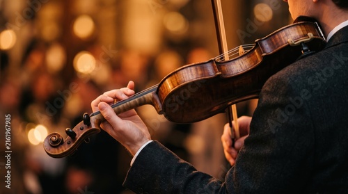 Musician playing violin during classical concert performance, of hands holding bow and instrument on stage with warm bokeh lights in, professional orchestra symphony atmosphere.