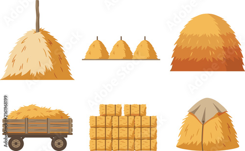 Bild auf Leinwand Rustic Haystack Collection Featuring Large Straw Piles, Miniature Hay Ricks, Hay