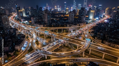 Nighttime Cityscape with Illuminated Highway Interchanges and Skyscrapers