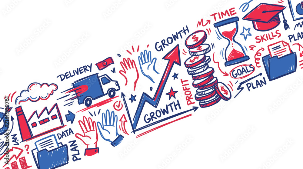 Obraz premium Strategic planning timeline doodle vector with upward arrow money stacks high five teamwork skills education and time management