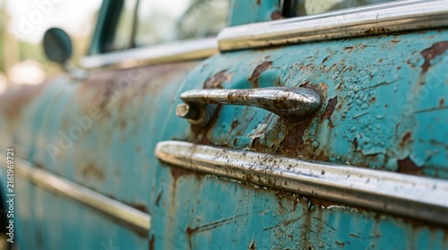 Close up of rusty vintage car door handle with peeling turquoise paint, showing old abandoned vehicle texture and decay details.