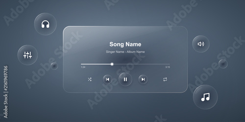 Naklejka Modern music player interface with glassmorphism effect, translucent ui elements, floating bubbles, and soft blue gradient background