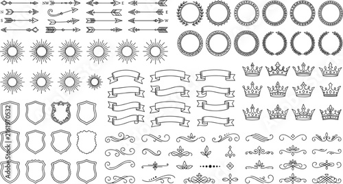 Vintage heraldic design elements bundle featuring rustic arrows laurels crowns ribbons flourishes and blank shield frames