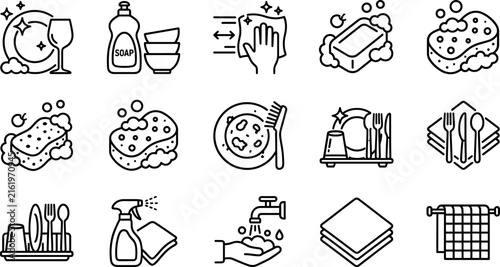 Принти на полотні Dishwashing and kitchen cleaning line icon collection featuring clean plates spo