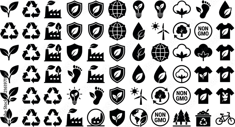 Obraz premium Ecology and green sustainability black silhouette icon set with recycle wind energy non GMO symbols