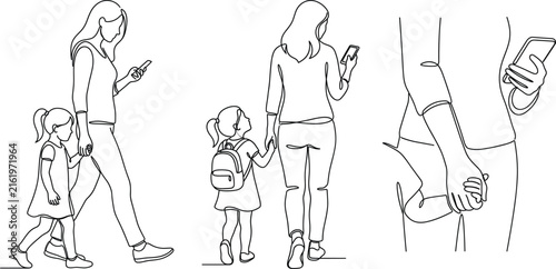 Continuous One Line Drawing of Mother Holding Daughter Hand and Using Smartphone While Walking for Digital Media Designs