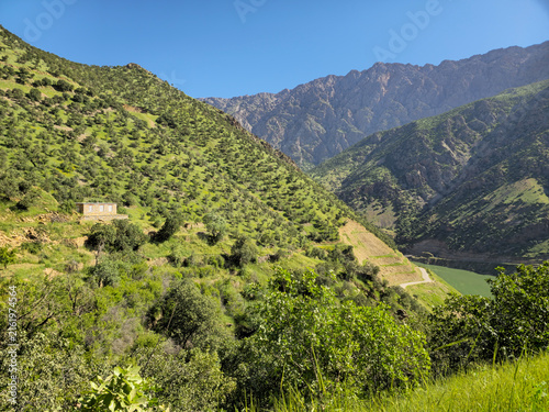 Cuadro en lienzo Solitary house perches on a lush green mountainside above a distant river, framed by dramatic layered ridges and rugged spring peaks