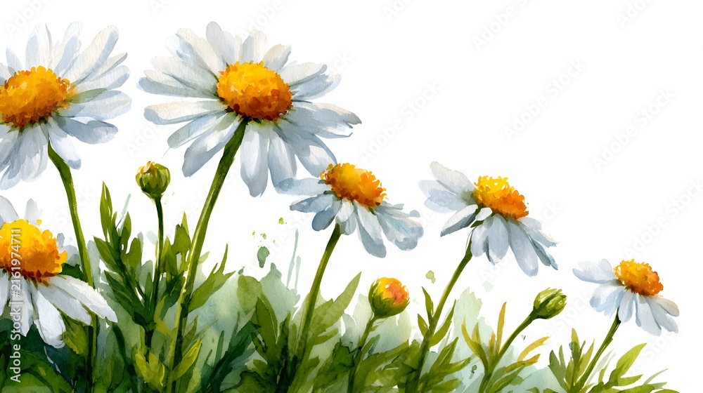 Obraz premium Watercolor daisies in bloom with green leaves and buds against a white background