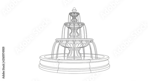 A detailed black and white line drawing depicts a tiered fountain. The fountain features a central column topped with a decorative urn, surrounded by multiple smaller bowls cascading downwards.