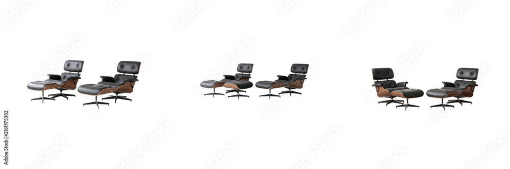 Obraz premium Set of Mid-Century Modern Leather Lounge Chairs and Ottomans Graphic Elements Transparent Background PNG Clipart Pack for Interior Architecture Designs