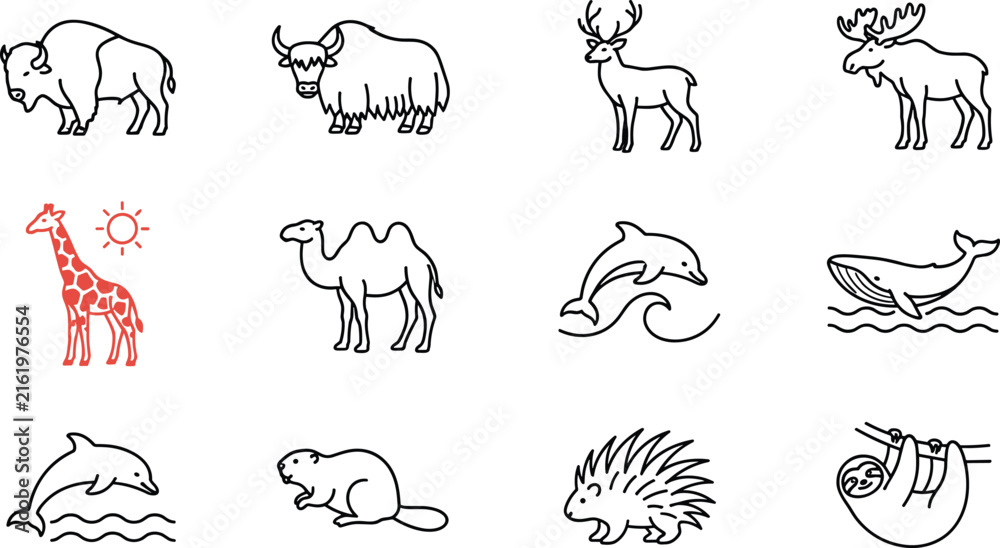 Naklejka premium Wild mammals and marine wildlife thin line icon set featuring bison deer camel dolphin whale and sloth vectors