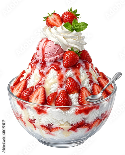 Strawberry Ice Cream Sundae with Fresh Berries and Whipped Cream