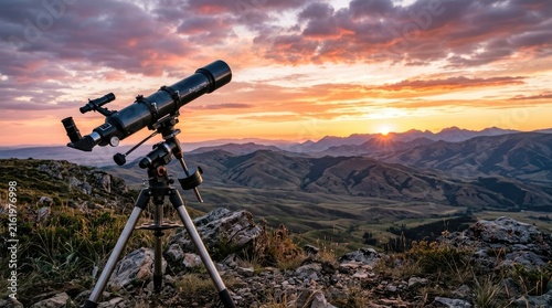 A telescope is set up on a tripod on a rocky hilltop, facing a stunning sunset over a mountain range. The telescope is aimed at the sky, capturing the vibrant colors of the horizon.