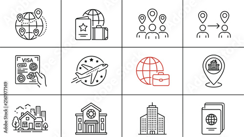 Global emigration and international travel line icon set featuring passport visa stamps airplane flight navigation pin and embassy building