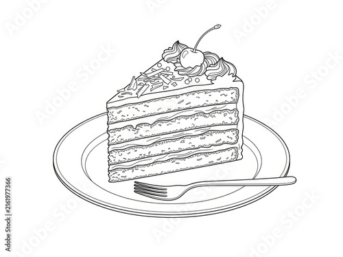 A slice of chocolate cake sits on a white plate. The cake is layered with chocolate frosting and decorated with whipped cream, sprinkles, and a cherry.