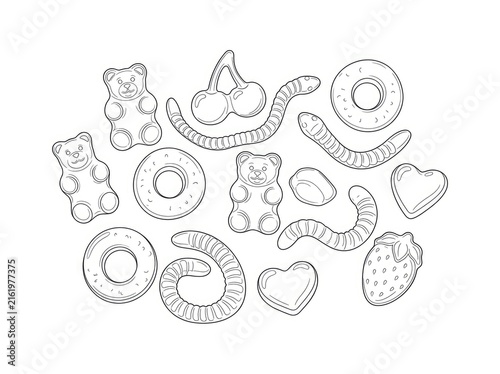Several cartoon sweets are scattered on a white background. The sweets include a teddy bear, donuts, gummy bears, heart-shaped candies, and worms.