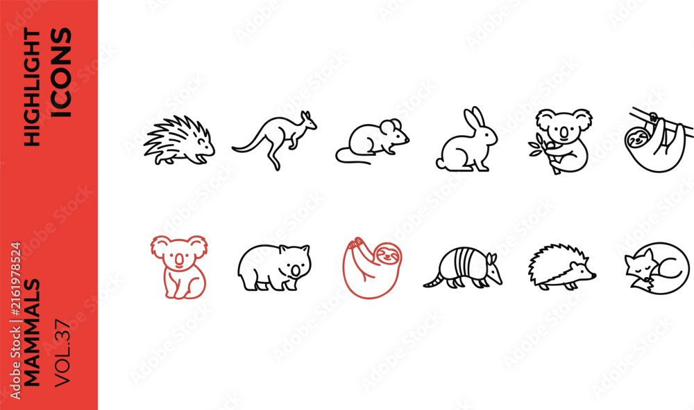 Naklejka premium Mammals outline icon set featuring wild animals like kangaroo koala sloth wombat armadillo porcupine hedgehog and mouse vectors