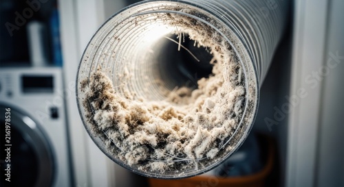 Close up of clogged dryer vent filled with lint and debris.