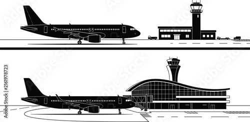 Airport terminal landscape silhouette set showing commercial passenger airplane parked on tarmac by control tower