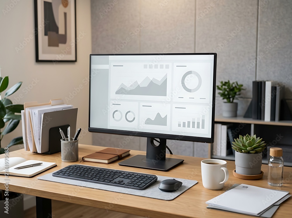 Fototapeta premium Computer monitor showing business charts on a desk