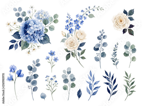 Watercolor blue hydrangea and white rose floral clipart elements collection with white background watercolor hydrangea eucalyptus isolated