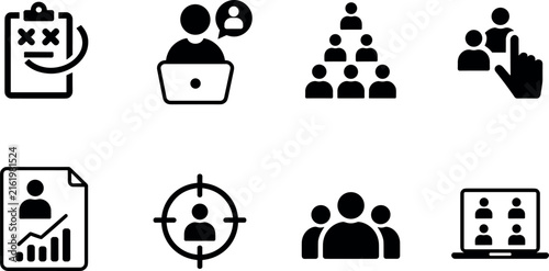 Human Resources and Workforce Management Icon Set with Corporate Recruitment Target Strategy Teamwork Structure and Online Meeting Graphic Symbols