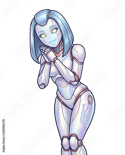 Cute female robot character illustration on white