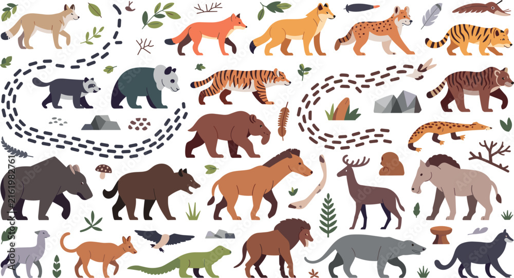 Obraz premium Prehistoric Megafauna Flat Vector Collection Featuring Extinct Ice Age Mammals Like Saber Toothed Tiger Woolly Rhino and Mammoth Characters