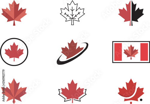 Collection of canadian maple leaf icons and symbols in red and black colors for national holiday designs