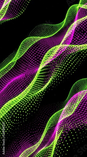 digital art piece featuring 3D wireframe grid waves composed of luminous green dots and vibrant purple mesh against a dark black background. The abstract design creates a futuristic and technological