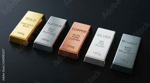 Collection of precious metal bars including platinum gold silver copper and palladium on a dark background.