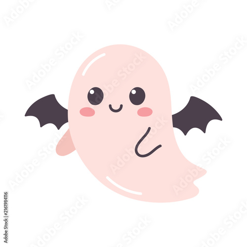 Kawaii ghost with bat wings, halloween design element. Cute naive hand drawn vector illustration.