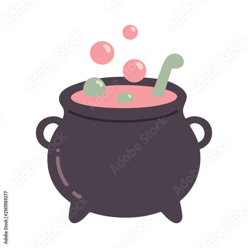 Witch cauldron with bubbling pink magic potion. Spooky festive design element. Naive hand drawn vector illustration