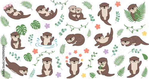 Cute Otter Animal Collection with Swimming, Playing, Relaxing Otters and Tropical Botanical Elements Cartoon Vector Set