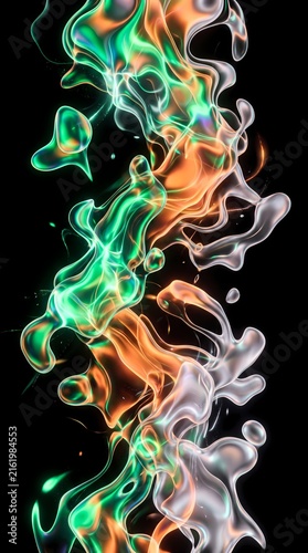 abstract composition featuring flowing holographic liquid shapes and translucent droplets illuminated by vibrant green and orange neon lighting on a solid black background.
