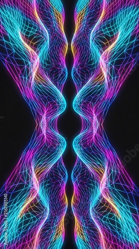 abstract digital illustration featuring symmetrical holographic wireframe grid waves glowing with vibrant neon blue, pink, and yellow light against a dark background.